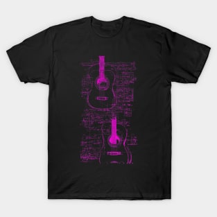 Neon Pink Acoustic Guitar Da Vinci blueprint T-Shirt